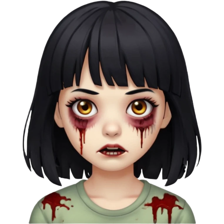 Zombie girl, black hair with bangs, slightly wavy, layered haircut,long hair,long eyelashes, black eyes,iOS style emoji