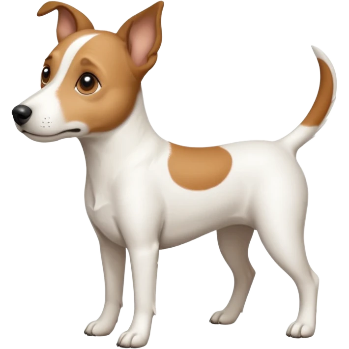 a full body white jack russel looking dog the size of a kelpie with light brown ears and a light brown patch on one eye, flopped down ears and a large snout emoji