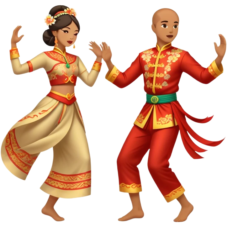 Cinematic Realistic scene of two performers executing a traditional Vietnamese folk dance, adorned in intricately patterned traditional costumes, captured in fluid motion with soft, culturally rich lighting emoji