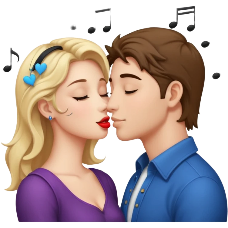 a good looking man and good looking woman are Kissing, with music notes emoji