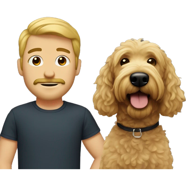 A blonde man, with a goatee and a mustache, with a black goldendoodle emoji