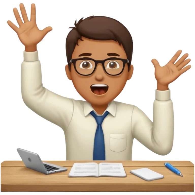 man at table, animated expression, shouting while working emoji