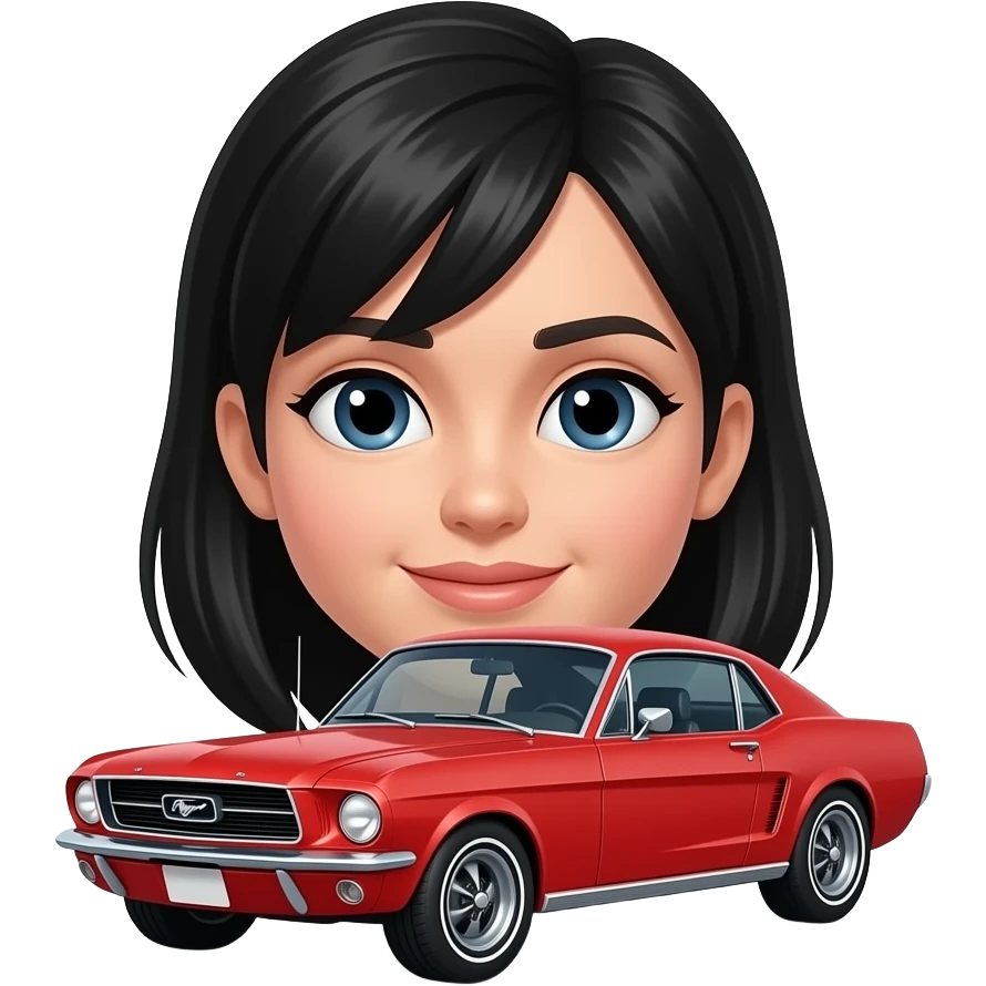 Girl with black hair in a red Ford Mustang 1968 coupe emoji