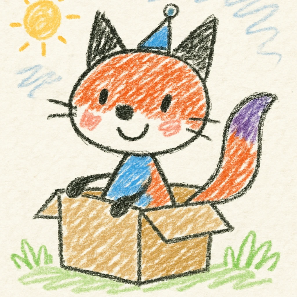 cute fox sitting in a cardboard box with playful expression, kids toy aesthetic, fox with a tiny hat emoji