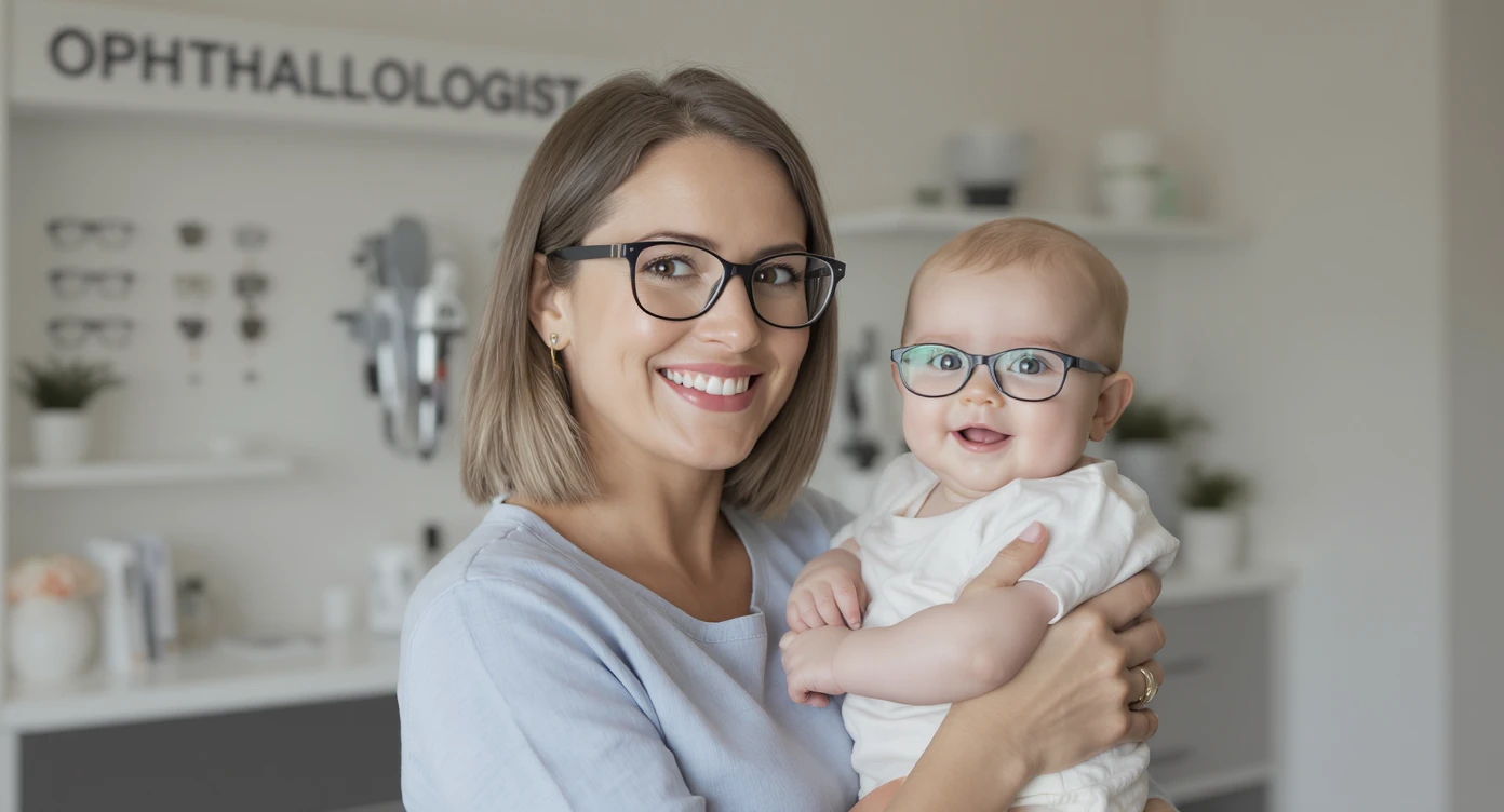 Cinematic still, Proffesional advertising of a smiling european white woman holding baby with glasses smiling, minimalistic ophthalmologist interior in background, leading  lines, "rule of thirds", 60/30/10 colors, soft light emoji
