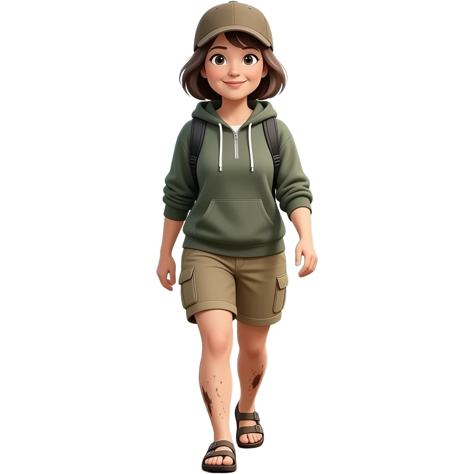 58 year old Woman in Birkenstocks, no socks, muddy feet and legs, cargo capri shorts, pullover hoodie, shpulder length dark brown hair with silver streaks, walking on a trail emoji