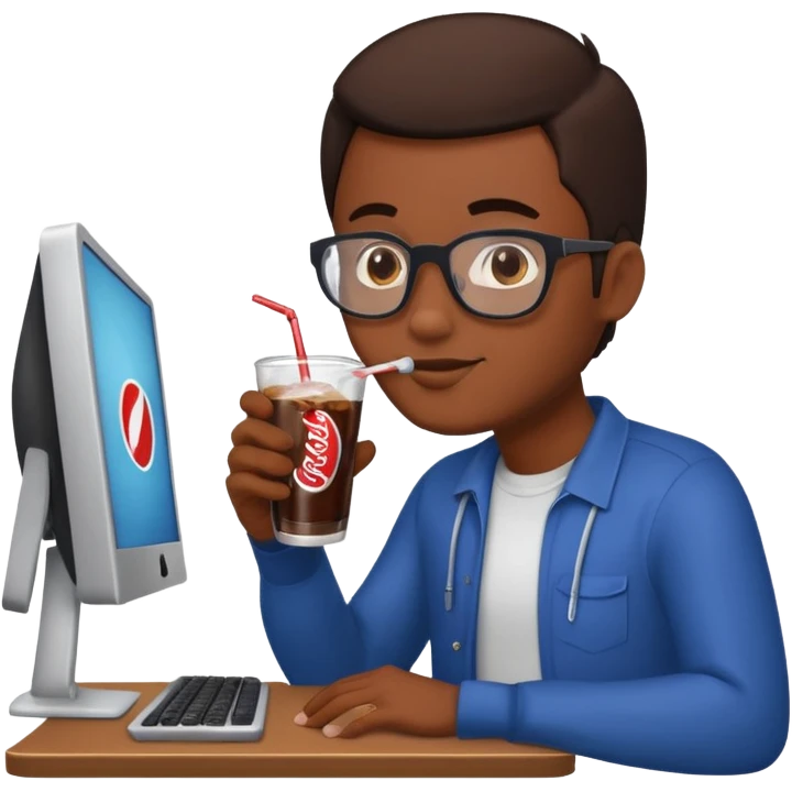 Hombre tomando un refresco frente a un ordenador emoji