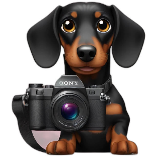 a black dachshund dog holds a SONY camera in his hands emoji