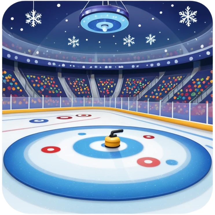 please, An icon featuring the curling rink, with its distinctive circles, and a vibrant crowd in the stands. Snowflakes fall outside the arena, and bright lights illuminate the ice. a curling stone sliding across the ice, with a broom nearby. Transparent background. emoji