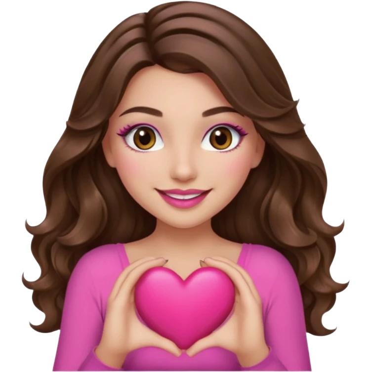 girl with long wavy brown hair, brown eyes, long lashes makeup, sexy pink lips, light to medium complexion, wearing a pink sexy top, smiling, holding a big heart with both hands emoji