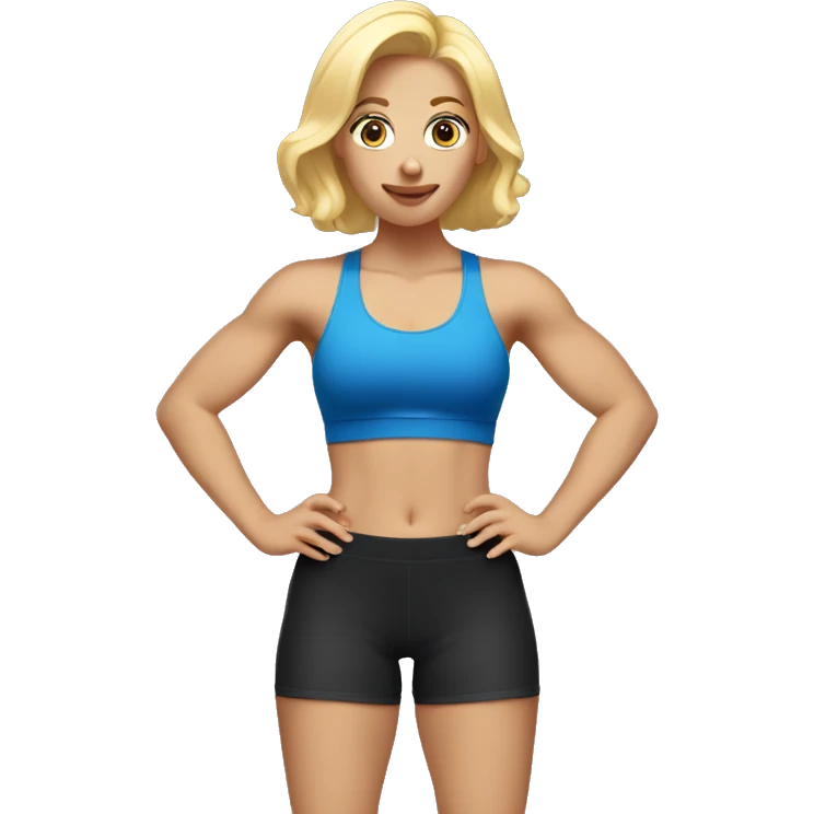 blonde woman working out with a black tank top and a blue shorts and she is holding a dumbell emoji
