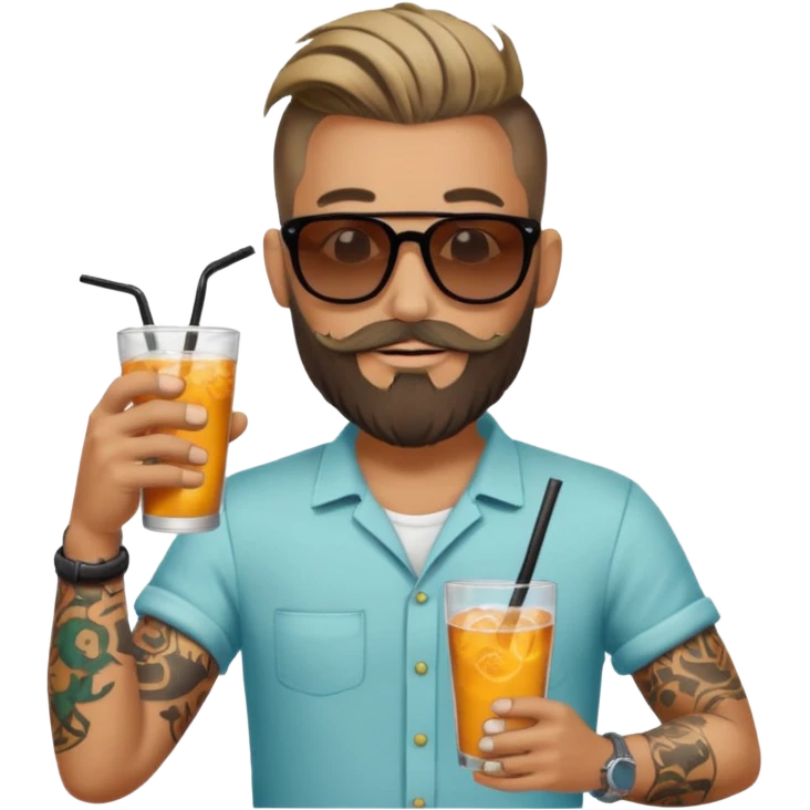 tatoo guy drink holders with sunglass bearded bun hair emoji