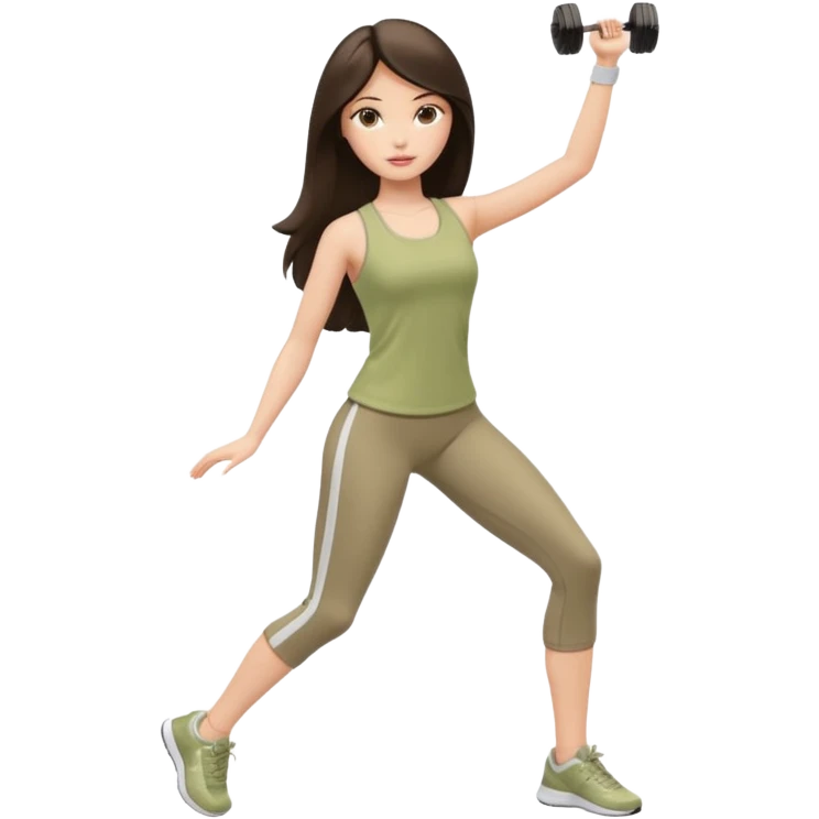 A white Barbie girl with long dark brown straight hair in a pale olive clothes doing exersises emoji