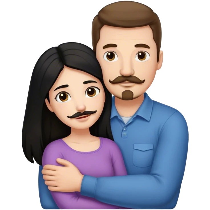 Couple, Tall strong white man with brown hair mustache and goatee, hugging small pale woman long with black hair emoji