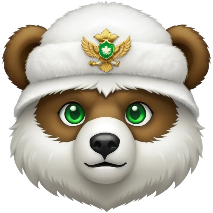 Adorable bear head with bright green eyes, white fluffy ushanka with clean simple Russian double-headed eagle emblem, minimalist iOS emoji style emoji