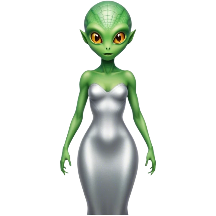 Green Alien reptilian woman in silver dress, full figure, yellow eyes emoji