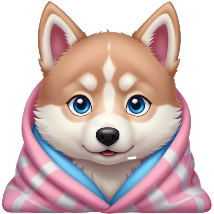 kawaii disney red siberia husky puppy with blue eyes, cozy in a pink blanket emoji
