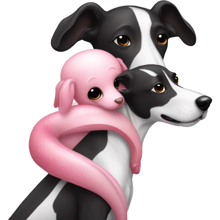 a pink squid hugging a black and white greyhound emoji
