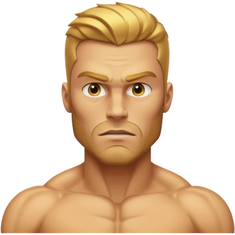 A hyper-realistic, fully golden Gigachad with reflective 24k gold skin, sharp chiseled jaw, golden stubble, blank eyes, and one raised eyebrow. He is shown from the chest up, facing front, with a shiny, muscular physique resembling the Silver Surfer in gold emoji