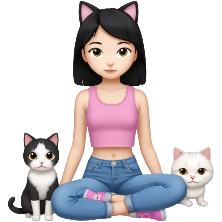 Cute white cat and beautiful 11 year old girl with 2C hair black wearing a pink crop top and low rise jeans and the cat is just adorable and the 11 year old girl is stunning emoji