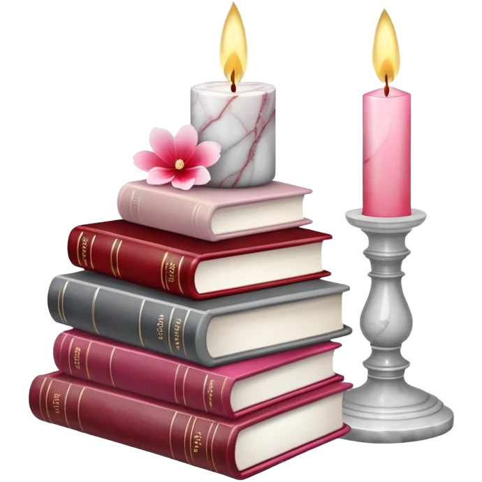 Aesthetic candles, flower petals, books, marble stand, crystal stones emoji
