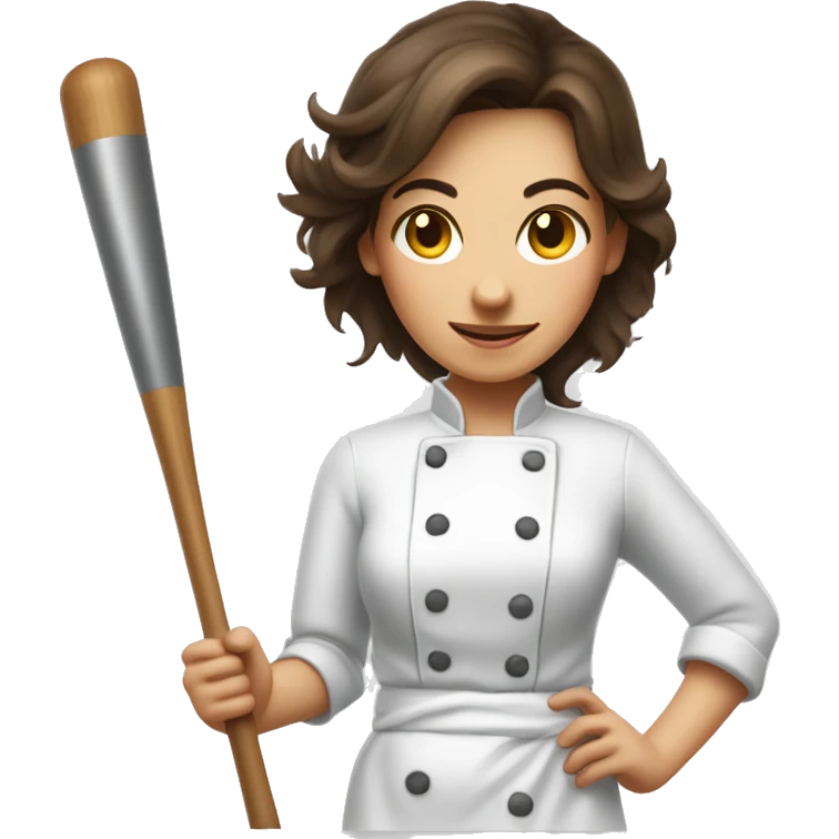 mischievous brunette chef hiding a baseball bat behind her back emoji