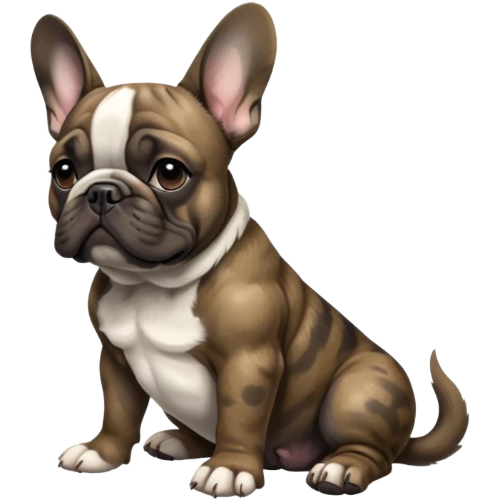 cinematic-[french bulldog]-realistic-full-body-sitting-emoji,-tail-resting-loosely-beside-its-paws,-head-tilted-dramatically,-sleek-[solid brindle]-fur,-simplified-yet-realistic-focused-features,-highly-detailed,-glowing-with-an-almost-sarcastic-glow emoji