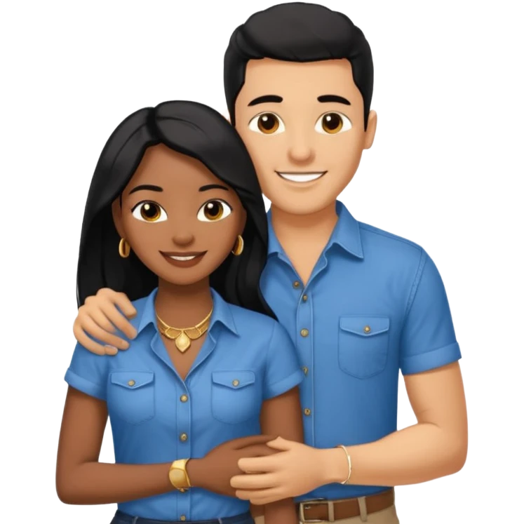 smiling embracing interracial couple from waist up. ebony woman with long hair and jewelry. brazillian man short hair wearing blue. emoji