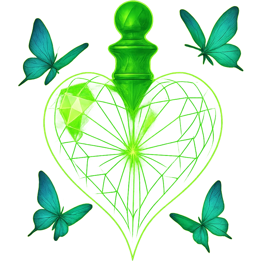 Remove the background fully to make it transparent. Keep only the heart-shaped bottle and butterflies. Add a strong glowing aura around the object with neon green color. The background must be fully transparent (PNG). emoji