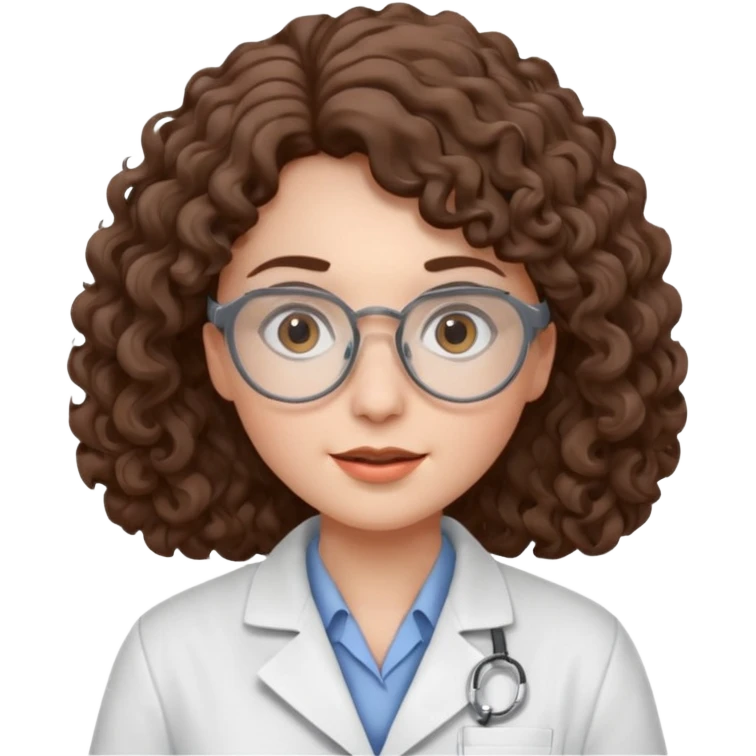 A crazy female scientist, with curly-wavy brown hair, brown eyes and grey glasses and oale skin  emoji