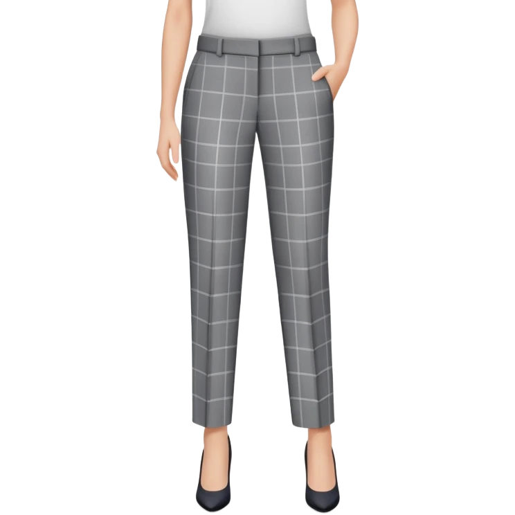 gray dress pants with white grid pattern, plaid check pattern, formal tailored trousers with cuffed hem, for petite women, isolated garment only, no model emoji