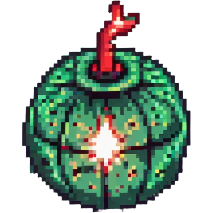 Green digital bomb animation frame 4, round bomb body with green highlights, tiny leaf-shaped fuse at top, intense green glow, about to explode, nature-inspired design, pixel art style emoji