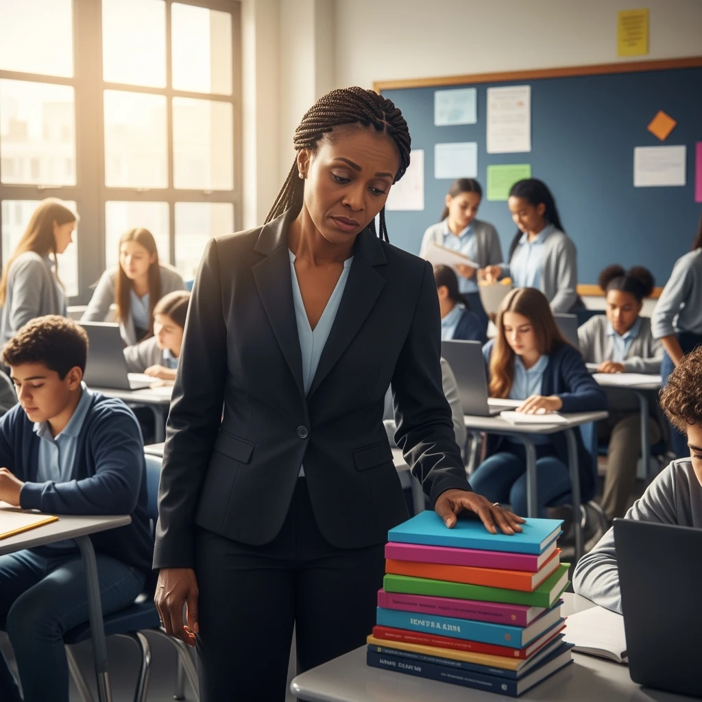 exhausted teacher in a bustling classroom emoji