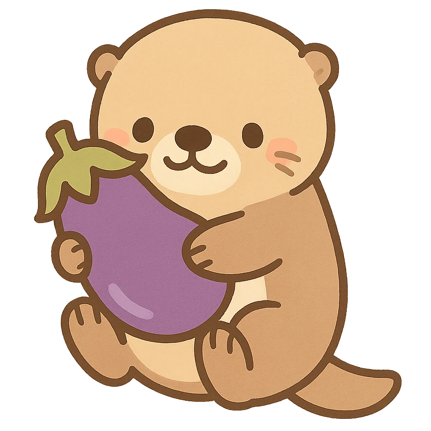 sea otter cuddling an eggplant, simple and friendly, chibi stickers style, soft colors emoji