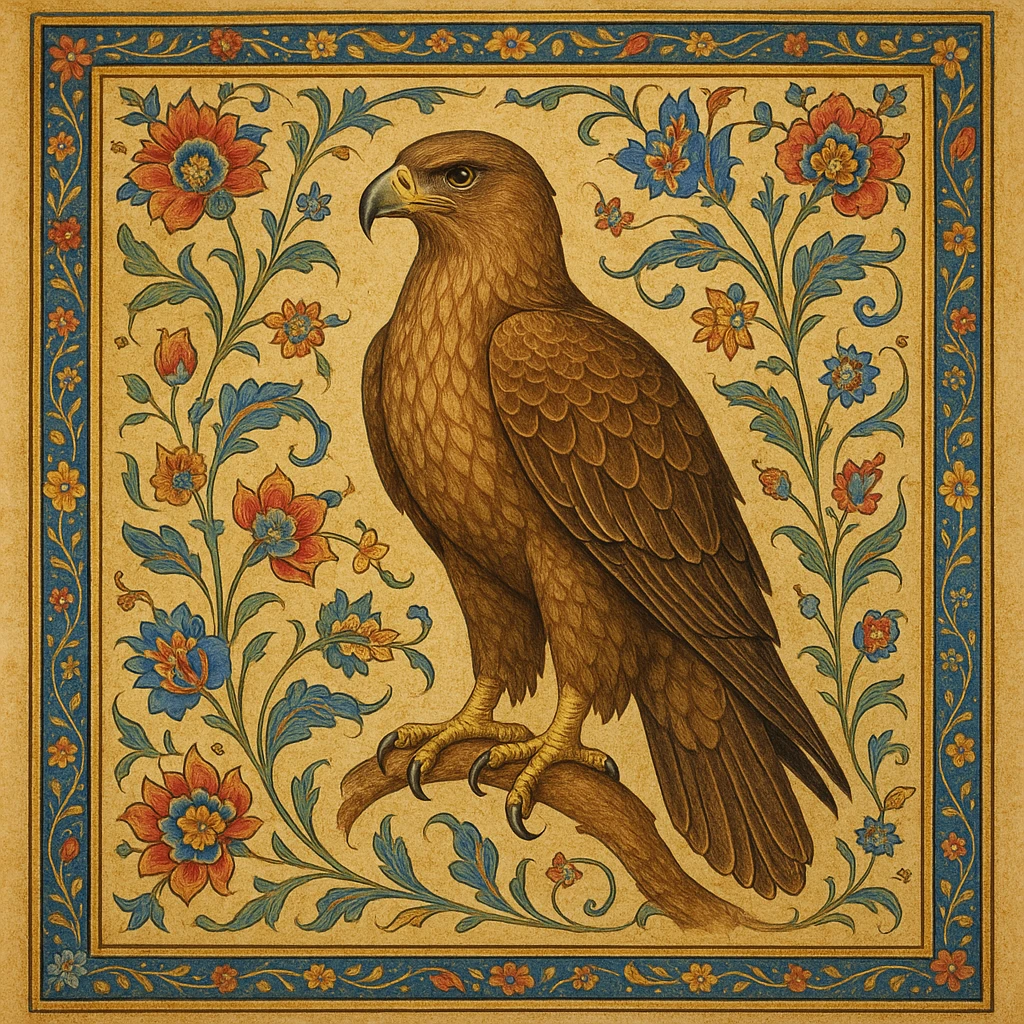 perched eagle of Persia surrounded by Persian floral designs with noble look emoji