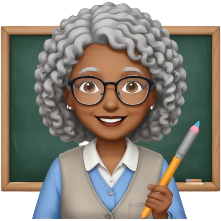 old woman teacher, brown skin, curly grey white hai, wearing glasses, hold chalk on hand emoji
