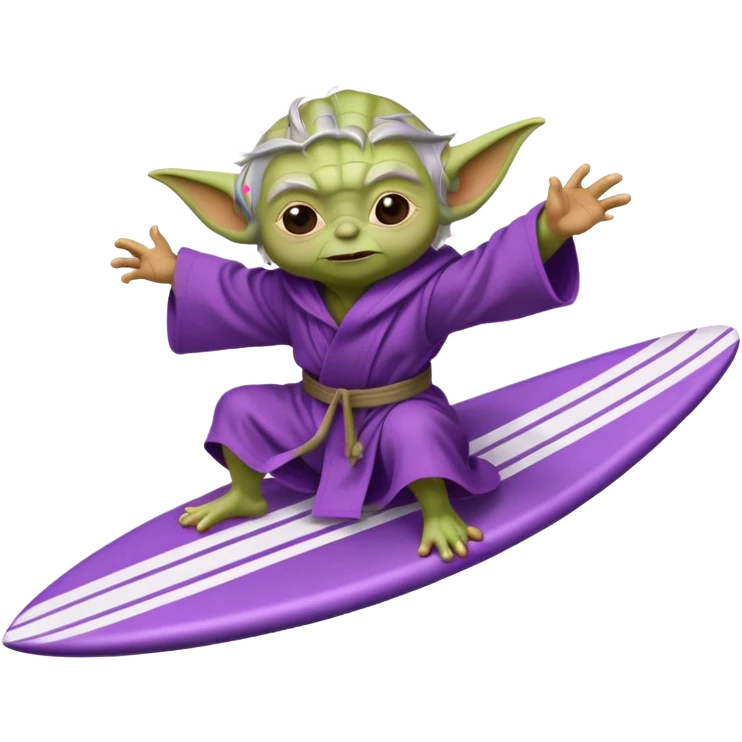 yoda in a purple robe surfing in a rocket emoji