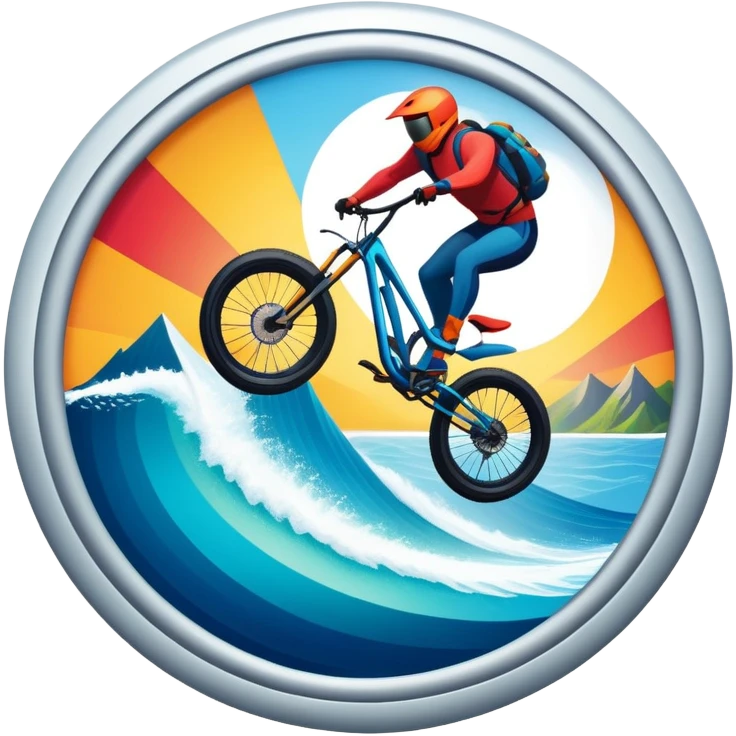 A bold, dynamic emblem combining elements of extreme sports like a mountain, a bike, surfing, ocean and a parachute, all within a circular or shield-like shape. The design conveys speed, adventure, with sharp lines and vibrant colors representing the thrill and intensity of extreme sports. emoji