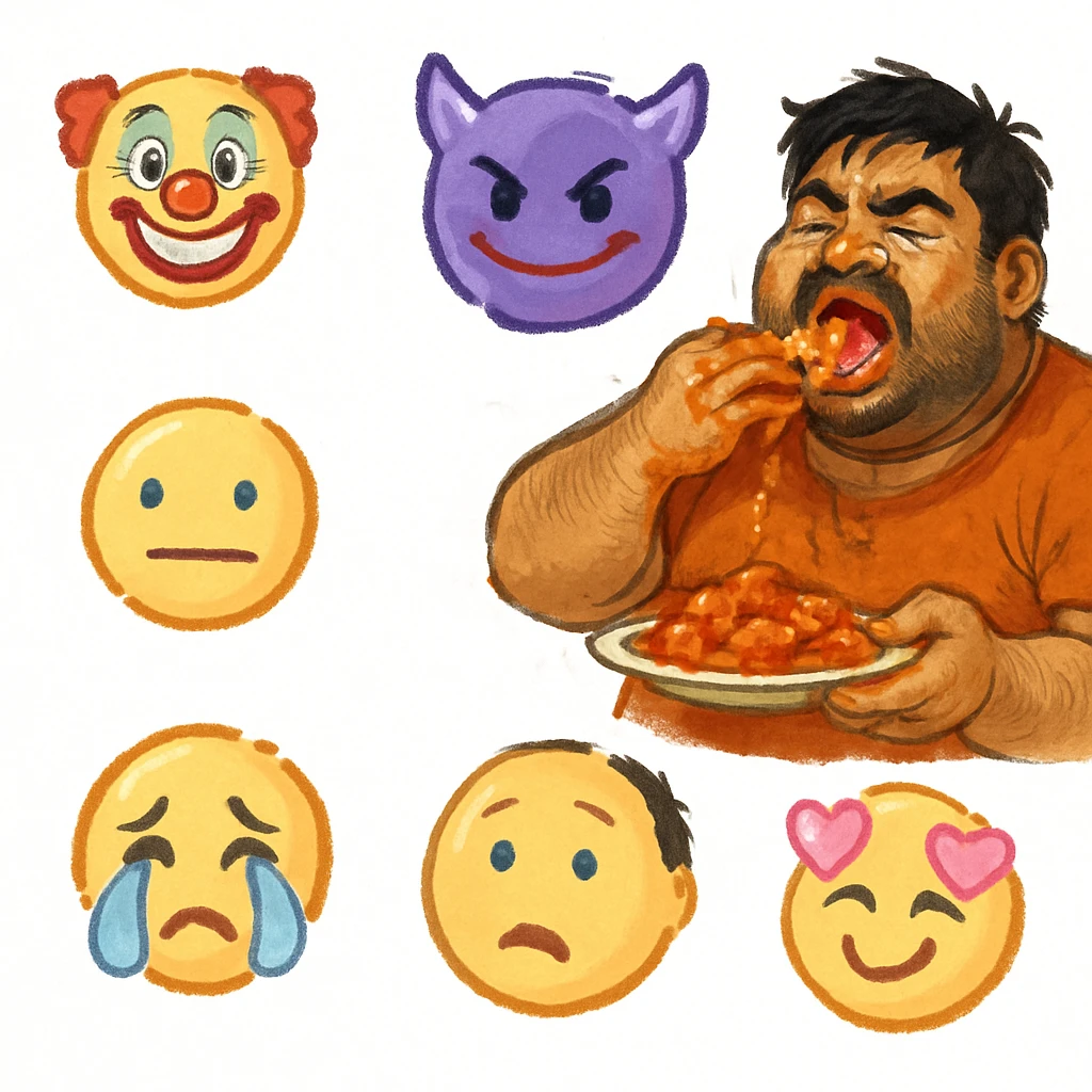 Indian guy eating butter chicken lots very messy and fat emoji