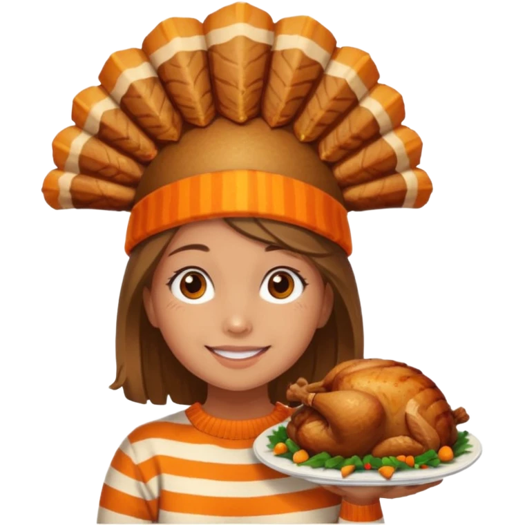 happy tan girl with an orange striped sweater and a cooked browned turkey on her head  emoji