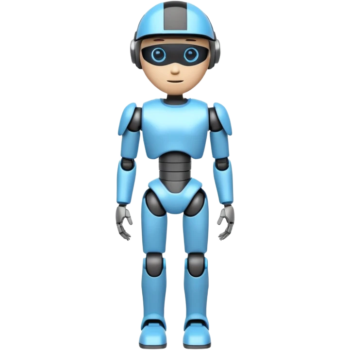 A 3D emoji-style humanoid robot with a white and gray body, thin legs, black joints, and a glowing blue neon visor instead of a face, without eyes. Futuristic and sleek design, simplified details for clarity at small emoji size, standing upright like a human emoji