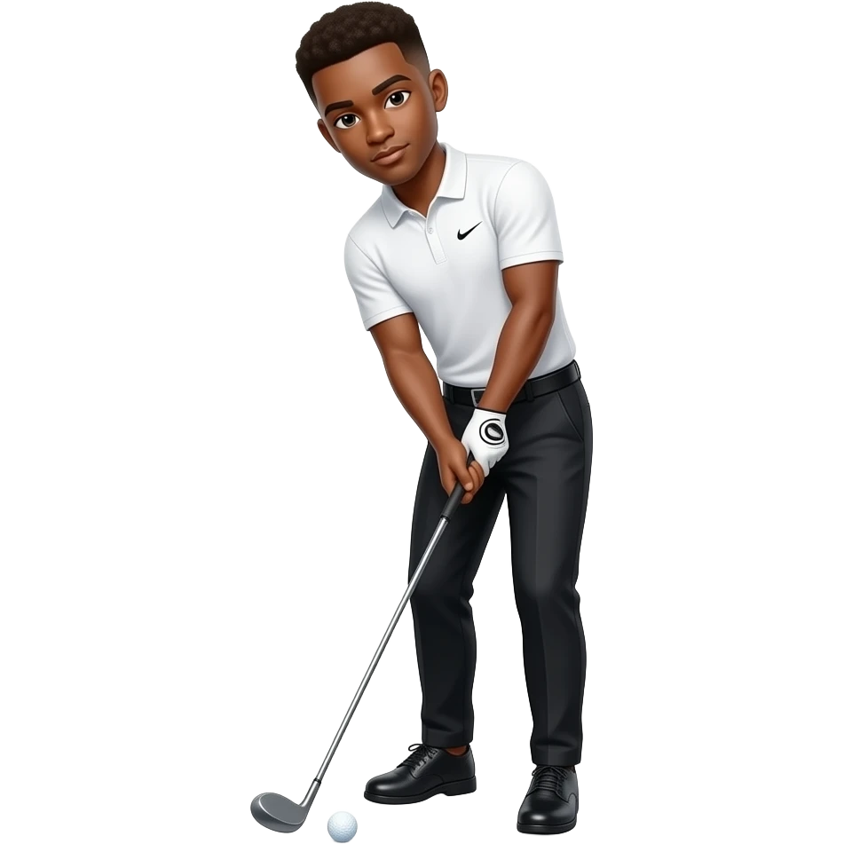 black skinned 22 year old man with a brown low taper fade black golfing pants, black golfing shoes, white nike golf shirt where it is so tight you can see his abs, wearing a diamond chain with nothing around the chain just singular chain also swinging the golf ball with the club emoji