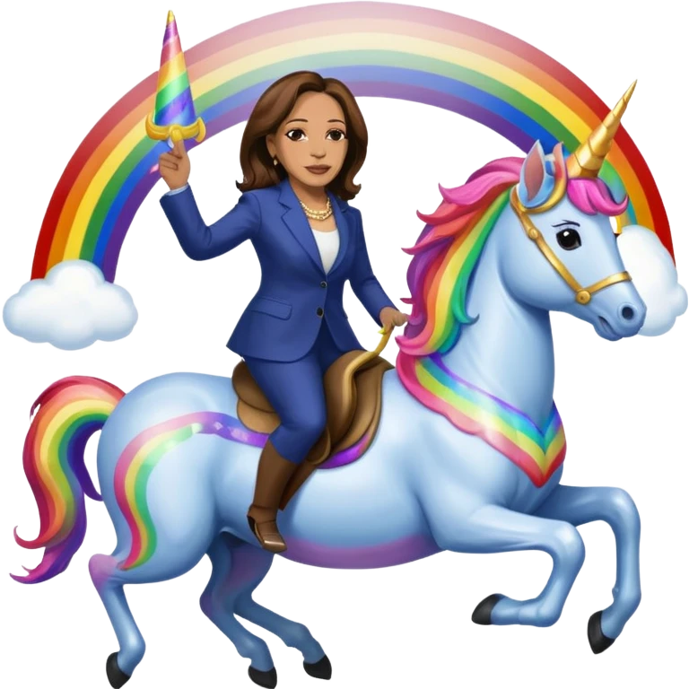 Kamala Harris and donald trump riding a rainbow unicorn emoji