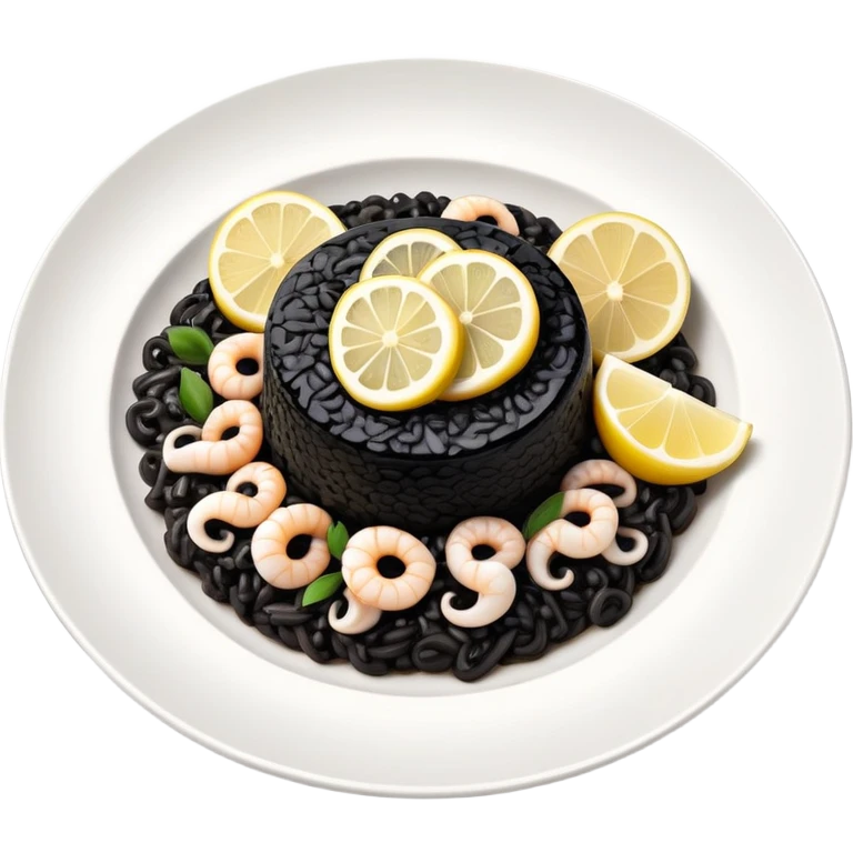 cinematic-realistic-black-risotto-dish,-showcasing-small squid pieces-rendered-with-bold-textures-and-dynamic,-dramatic-lighting in a white plate with a grilled lemon on top emoji