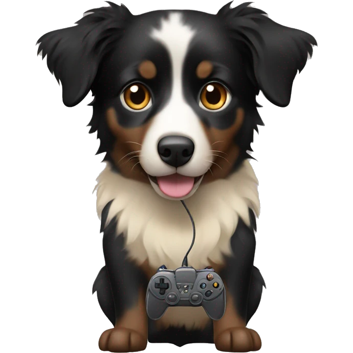 Small black australian shepherd dog with beige video game controller  emoji