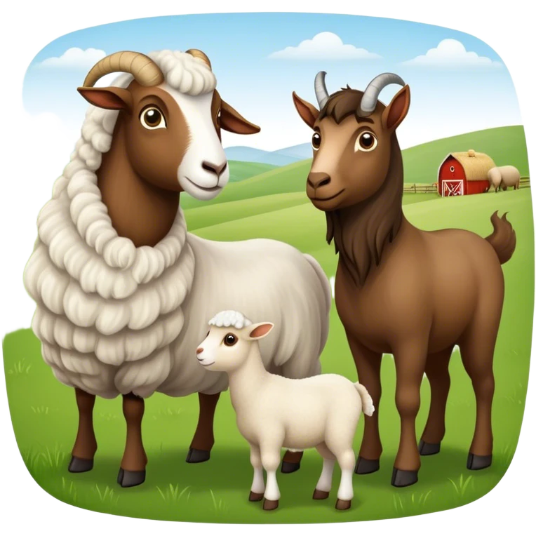 Icon for Domestic Hooved Animals: A gentle collage featuring a brown goat with large, curious eyes, a calm sheep with soft wool, and a majestic horse with a flowing mane. Background with a green pasture and a few hay bales. Transparent background. emoji