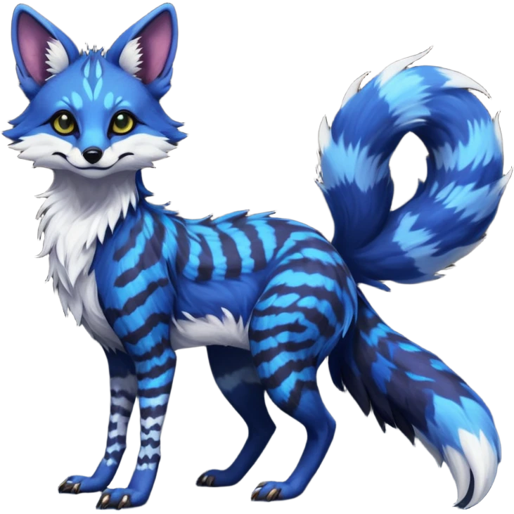 Feral floofy fluffy puffy furry Rare Fantasy vibrant dark shady shaded detailed deep-dark-cobalt-blue-gradients-colored colorful Vernid-Sergal-Genet-Trico-Fox-species by LiLaiRa, with dark-blackish points, white belly, random markings, tufted tail, tufted ears, full body emoji
