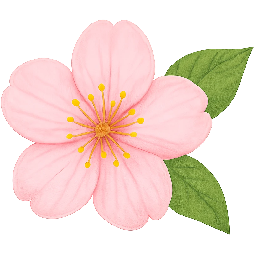 pink cherry blossom with green leaves, no background emoji