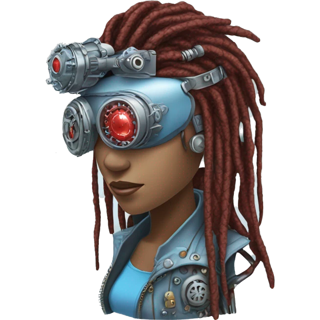 Light blue long dreadlocks female cyborg head with red steampunk goggles and circuits emoji