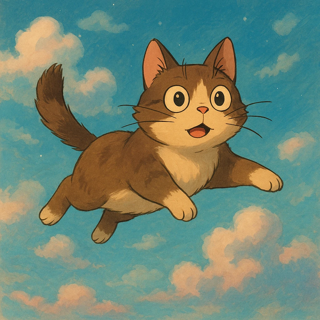 flying cat with expressive eyes in a dreamy sky background in ghibli style emoji